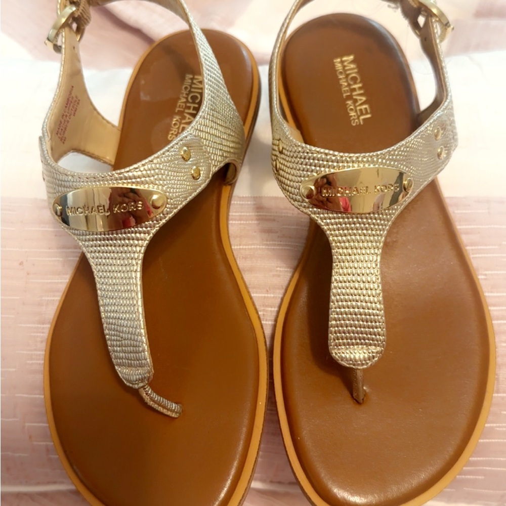 Michael Kors Gold and Brown T-Strap Sandals